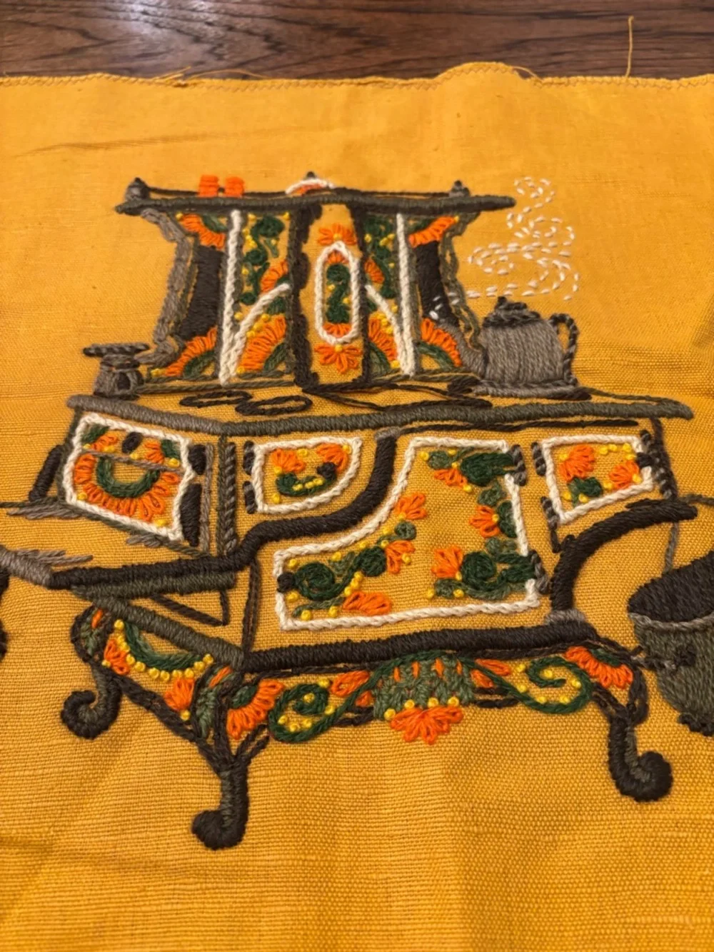 Vintage 1970s Crewel Embroidery Kitchen Stove Textile Art Mustard Folk Art